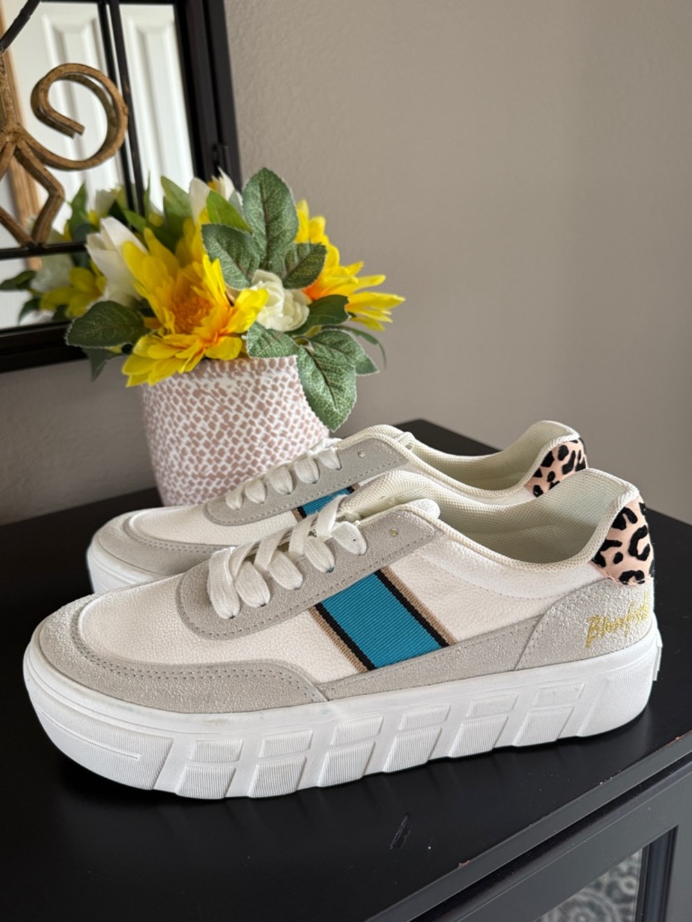 Women’s Cream Platform Sneakers with Blue Stripe and Leopard Heel
